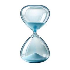 Glass hourglass with blue sand flowing isolated on transparent background