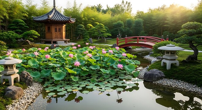 Japanese garden with pond and traditional pavilion surrounded by trees and water