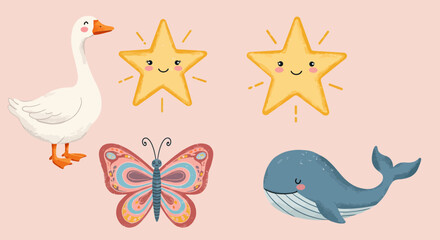Obraz premium Cute cartoon elements featuring a goose, stars, butterfly, and whale for kids