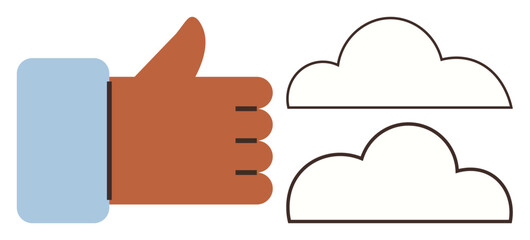 A hand giving a thumbs-up next to two cloud shapes, symbolizing approval, positivity, cloud services, and agreement. Ideal for success, feedback, internet, environment teamwork optimism