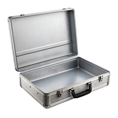 Open silver metal briefcase isolated on transparent background