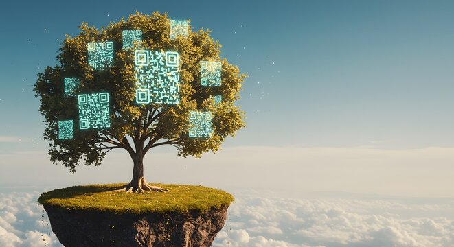 A conceptual image of a tree with glowing QR codes for leaves, standing on a floating island above a vast cloudscape under a clear blue sky.