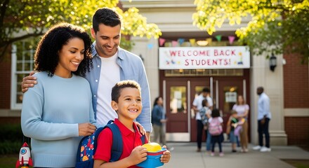Happy Family Returning to School Together.