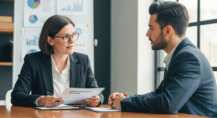 Two business professionals in a meeting, discussing documents.