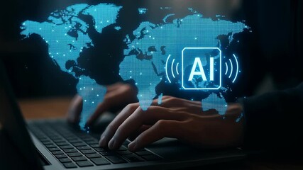 Artificial intelligence concept global digital world map system inventory data typing laptop keyboard for advanced technology - Powered by Adobe