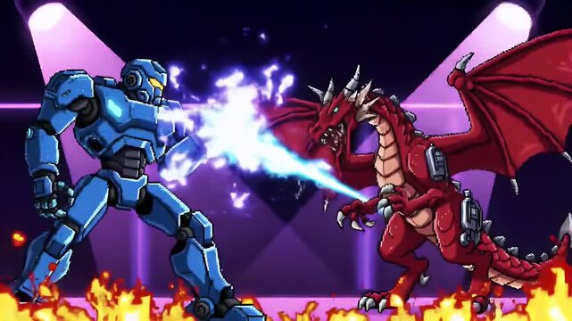 Intense Pixel Art Robot Facing Red Dragon on Fiery Stage with Purple Backlight