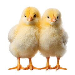Fototapeta premium Two yellow chicks standing side by side against a black background looking at the camera closely together on transparent background
