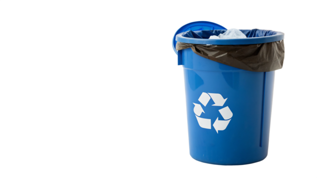 Blue recycling bin with the recycle symbol on it isolated on transparent background, a container for waste and garbage management