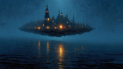 Fototapeta premium Floating castle above stormy sea, illuminated by warm lights, creates mystical atmosphere
