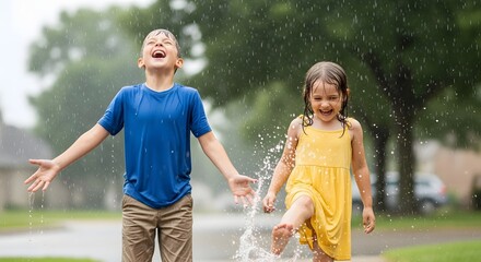 Joyful Children Laughing and Playing in the Summer Rain.