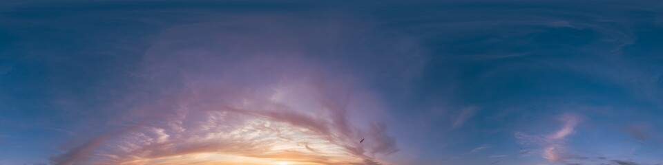 Seamless 360 HDR spherical panorama of sunset sky with vibrant pink Cirrus clouds. Full zenith or sky dome in 3D, sky replacement for aerial drone panoramas. Climate and weather change.