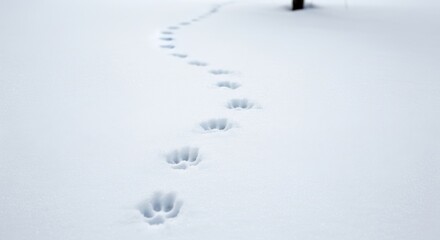 A snow-covered path with animal paw prints leading into the distance.