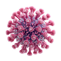 Close up view of a pink and purple virus cell with spikes on a black isolated background image style on transparent background