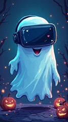 Adorable Halloween ghost character wearing a VR headset floating among glowing pumpkins at night