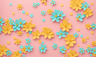 Fototapeta premium a pink background with scattered paper flowers