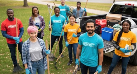 A group of people wearing colorful shirts, standing in a park with a truck and various tools, participating in a community cleanup event.