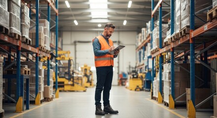Fototapeta premium A man in an orange safety vest standing in a warehouse with a tablet.