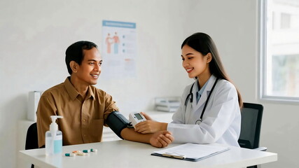 Doctor measuring blood pressure of senior man during medical checkup in modern clinic