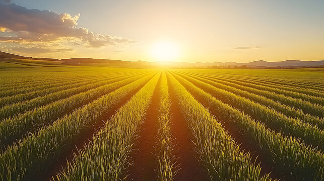 Golden Sunset Over Serene Rows of Young Wheat