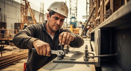 A construction worker using a hammer and wrench on a steel beam on a construction site.