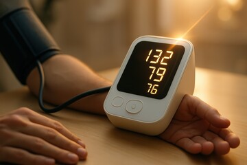 Blood Pressure Monitor: An intimate view of a person using a modern blood pressure monitor. Displaying important vital signs on a health-conscious background.