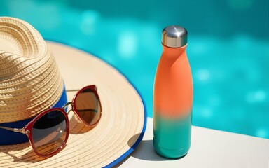 National Stay Out Of The Sun Day Hydration Essentials with Straw Hat and Water Bottle, Summer Wellness and Independence Day Vibes for Young Professionals Marketing. High quality