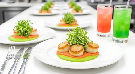 Elegant catering presentation of scallop appetizers and vibrant cocktails