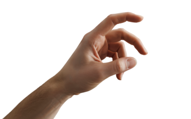 A hand is shown making a specific gesture, with fingers curved as if holding or picking up something small. 