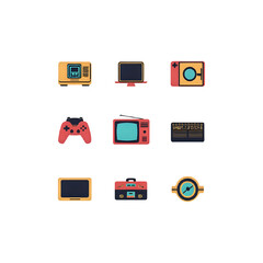Set of 10 Retro 1980s Tech Gadget Icons – Flat Vector, Editable Colors