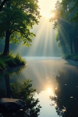 Serene pond scene on a misty morning, sunlight filtering through the trees, reflecting on calm water Perfect for weather, nature, and tranquility themes , spring, lilies, frogs