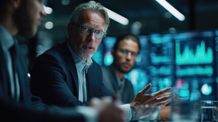 Three men in a modern office setting discussing data analysis. One is a senior Caucasian man with gray hair and glasses. The others are a young Hispanic man and a young Caucasian man.