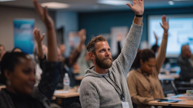 A diverse group of people in a conference room raising their hands. A bearded Caucasian man in a gray sweater is in the foreground. Others are blurred in the background.