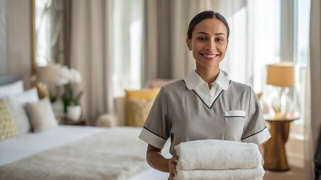 Service with a Smile: A friendly hotel housekeeper cheerfully holds a stack of fresh, folded towels in a beautifully appointed hotel room, ready to provide impeccable service.