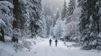Two people walking on a snowy path in a forest. Tall evergreen trees surround them. The scene captures a serene winter landscape.