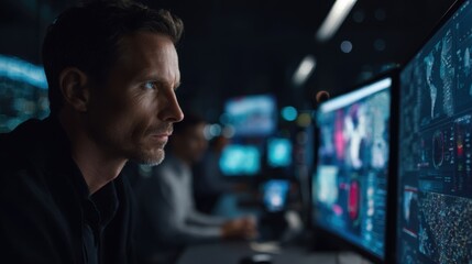 A focused Caucasian man with short dark hair analyzes data on multiple computer screens in a dimly lit control room. The atmosphere is high-tech and intense.