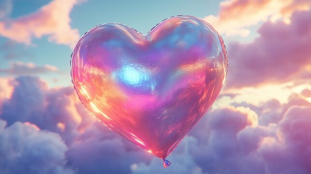 Iridescent Heart Balloon Soaring Through Dreamy Pastel Skies at Sunset