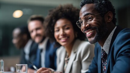 Obraz premium A diverse group of professionals in a meeting. A young Black man with glasses, a young woman with curly hair, and two Caucasian men are engaged in discussion.