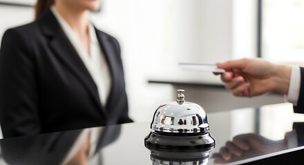 Hospitality service concept with a guest making a payment by card at the hotel reception desk during check-in