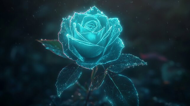 Glowing blue rose in a garden, sparkling with light, delicate petals, ethereal beauty