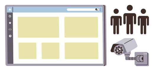 Web interface for user activity monitoring, surveillance camera focusing on group of three people. Ideal for security, privacy, monitoring, control, technology, analytics, simple flat metaphor