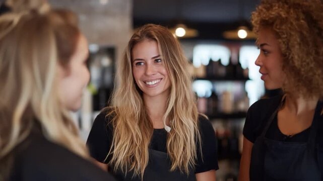 Hair Stylists: A group of hairstylists are conversing in a salon. Smiling and friendly salon workers communicate as they discuss hair style options, the mood is warm and engaging. 