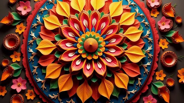 Vibrant Diwali diya and floral mandala pattern creating festive Indian celebration atmosphere