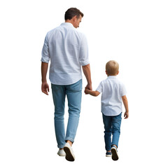 Father and son walking together, holding hands, enjoying quality family time outdoors