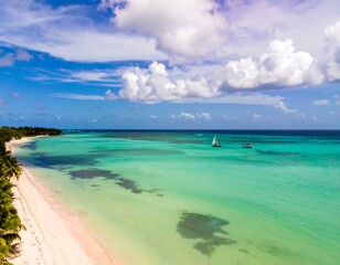 Tropical beach vista with sailboat
