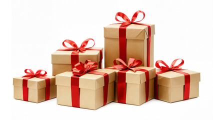 group of kraft gift boxes with red ribbons