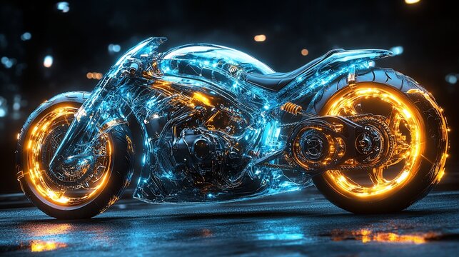 Futuristic motorcycle, glowing with neon lights, set against a blurred city backdrop, capturing speed
