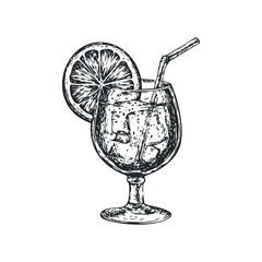 Hand drawn sketch of a refreshing iced beverage with lemon and straw