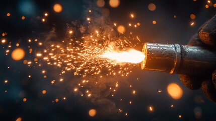 Close-up of a welding torch emitting sparks and flames, held in a gloved hand, industrial setting