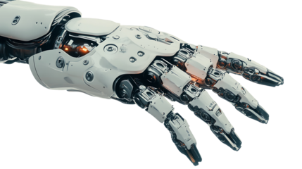 High-tech robotic arm with futuristic design and AI components shown in close up isolated on transparent background for digital projects