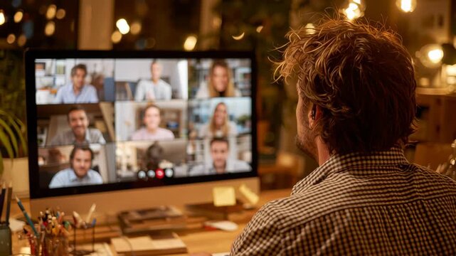 A man participating in a virtual meeting on a computer, showcasing modern remote work culture and collaboration technology.